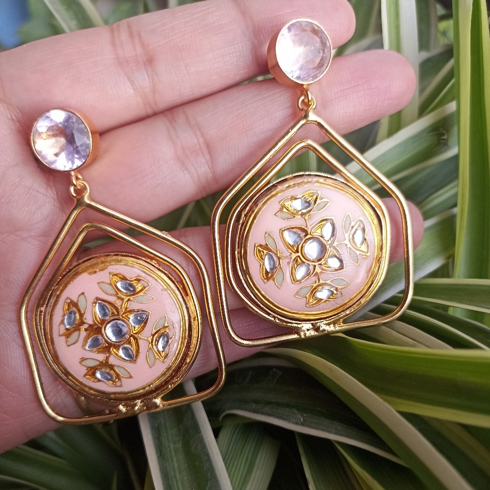 Handmade gold platted stone studded enameled drop earrings - Picture 3 of 10